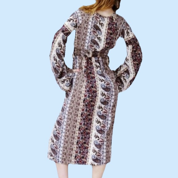 ❌DONATED❌Brown Paisley Stripe Floral Print Boho Midi Dress - Picture 2 of 9